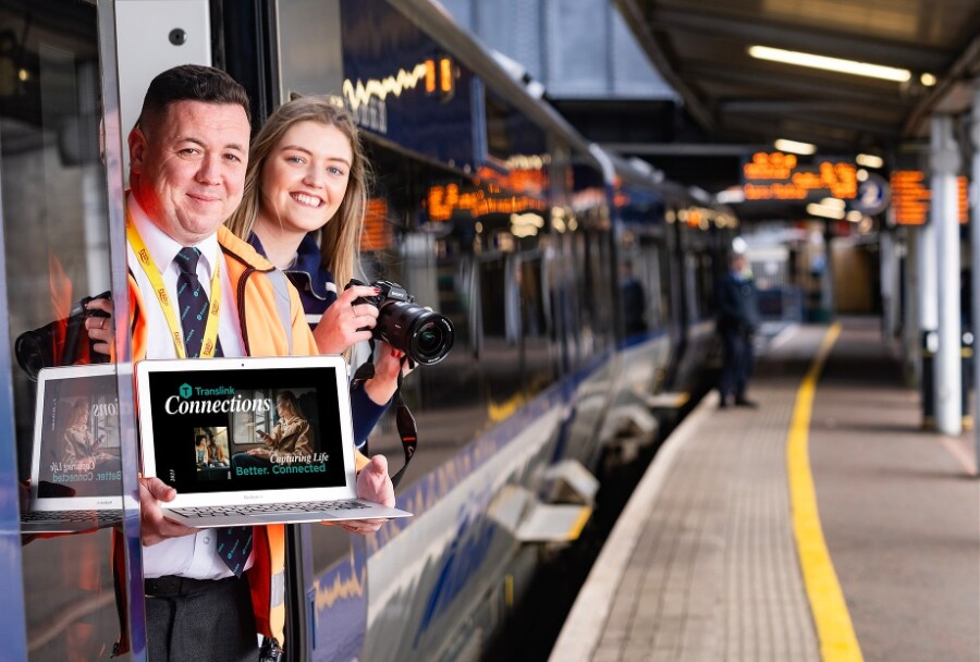 Chris McCann Station Supervisor at Translink pictured on the Grand Central Platform in Belfast with aspiring photographer Aileen McGuire at the launch of the Translink “Connections Captured” campaign