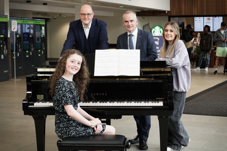 Getting ready for The GRAND Pianist competition are from left: Scarlett Hutchinson, Matthew Owens, The GRAND Pianist Head Judge; Chris Conway, Translink Group Chief Executive and Robyn English.