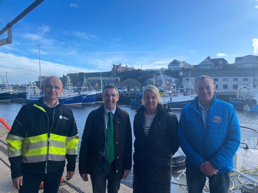 DAERA Minister Andrew Muir is pictured on a visit to Kilkeel harbour with Kevin Quigley, CEO of the Northern Ireland Fishery Harbour Authority, Danielle Rooney, Kilkeel Harbour Master and Brian Chambers, from the Anglo-North Irish Fish Producers Organisation and SeaSource Group.