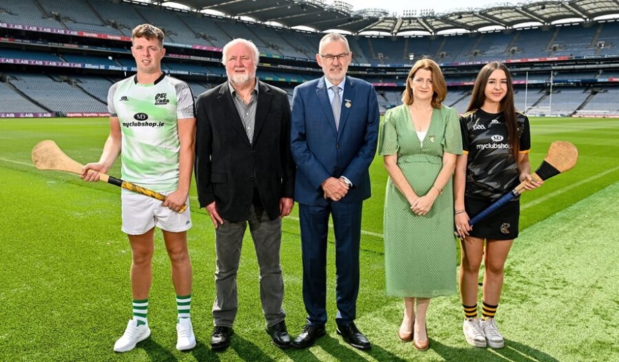 Pictured at the launch of the M. Donnelly 2023 All-Ireland Poc Fada Finals are from left: reigning M.Donnelly All-Ireland Poc Fada senior men's champion, Killian Phelan, competition sponsor, Martin Donnelly, Uachtarán Cumann Luthchleas Gael, Larry McCarthy, Uachtarán an Cumann Camógaíochta, Hilda Breslin, and 2023 Leinster Senior Camogie Poc Fada champion, Hazel Austin. Photograph courtesy of GAA