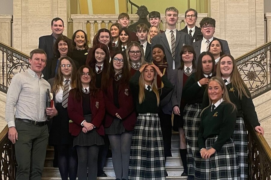 MLA Justin McNulty with the students from local schools at Stormont.