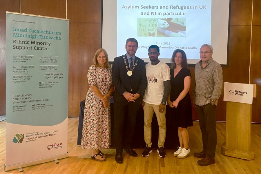 Newry, Mourne and Down District Council Deputy Chairperson, Councillor Gareth Sharvin pictured with from left: Facilitator Denise Wright, Mamadou Diakaria Diallo, RASNI- Voices; Newry, Mourne and Down District Council Social Inclusion Officers Sinead Bailie and Artur Kmiecik.