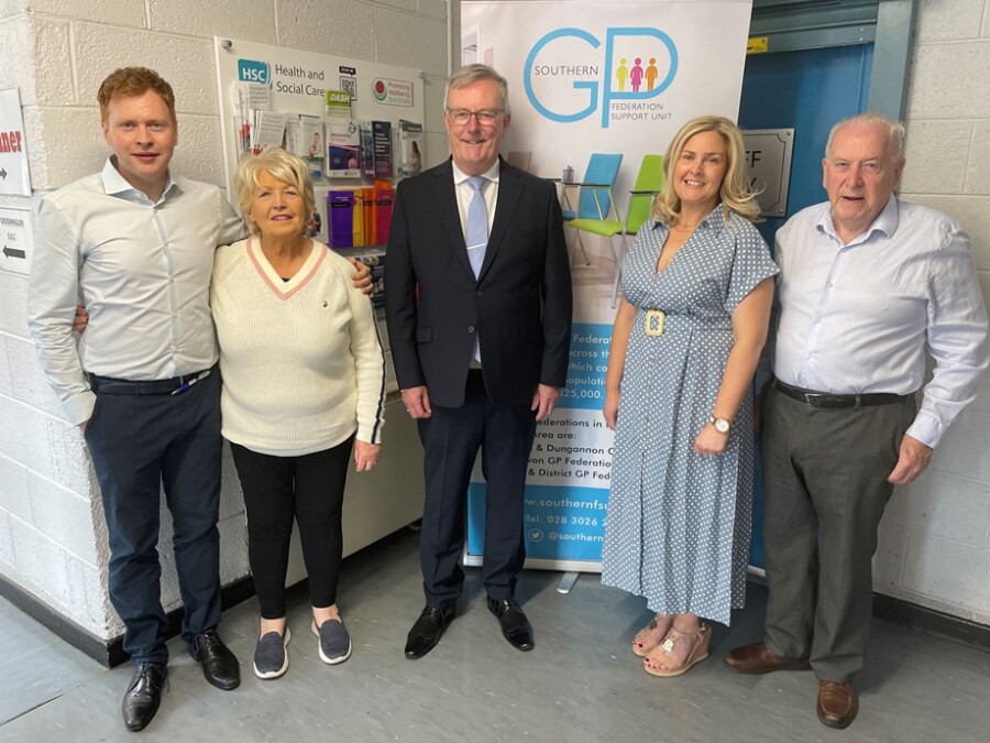 Health Minister Mike Nesbitt with Rathkeeland House Surgery partners Drs Kevin and Brid Allen and their parents, Dr Mary Allen and Mr Paddy Allen