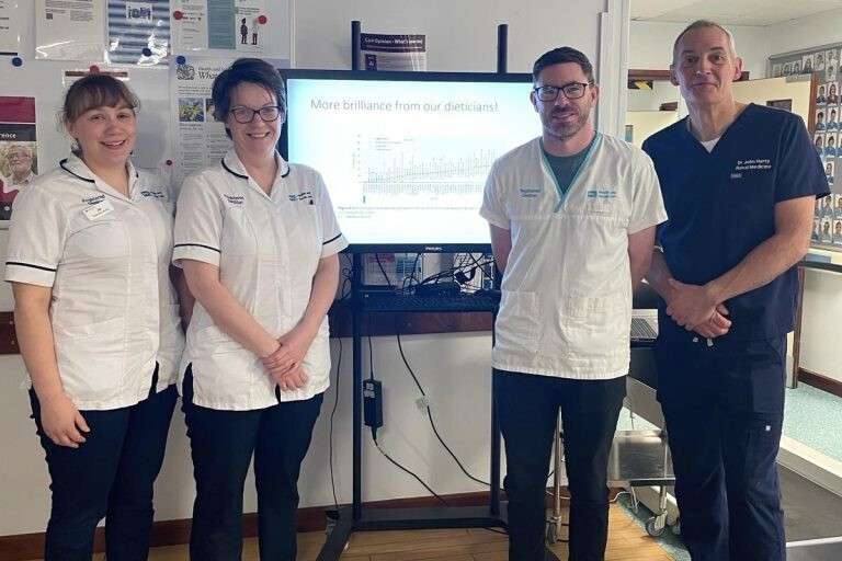 Daisy Hill Hospital’s renal dietitians Jill McMullan, Barbara Irwin and Darren McClelland who have been ranked in the top three in the UK with Dr John Harty, Consultant Nephrologist