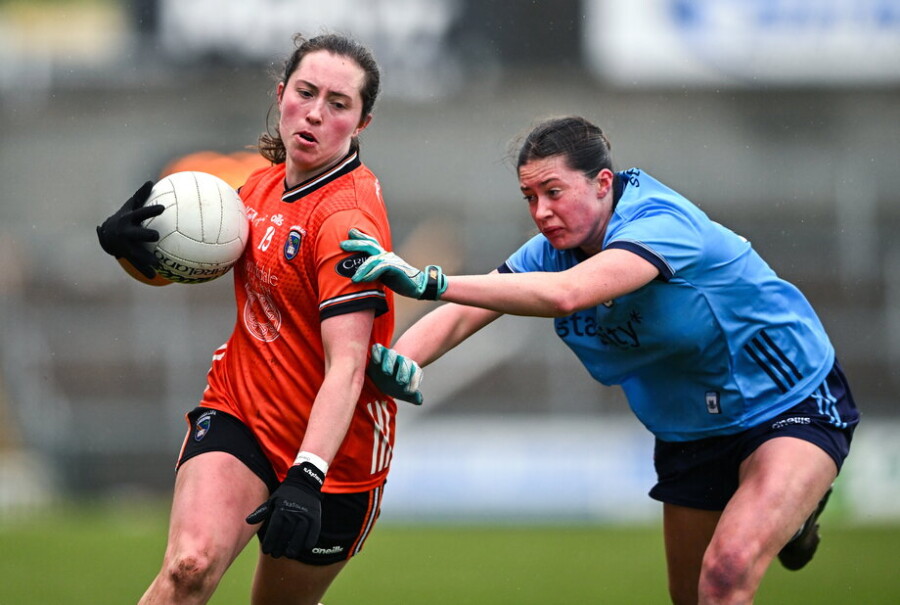 Niamh Reel of Armagh in action against Hannah McGinnis of Dublin during the Lidl LGFA National League Division 1 match between Armagh and Dublin at BOX-IT Athletic Grounds in Armagh. Photo by Ben McShane/Sportsfile