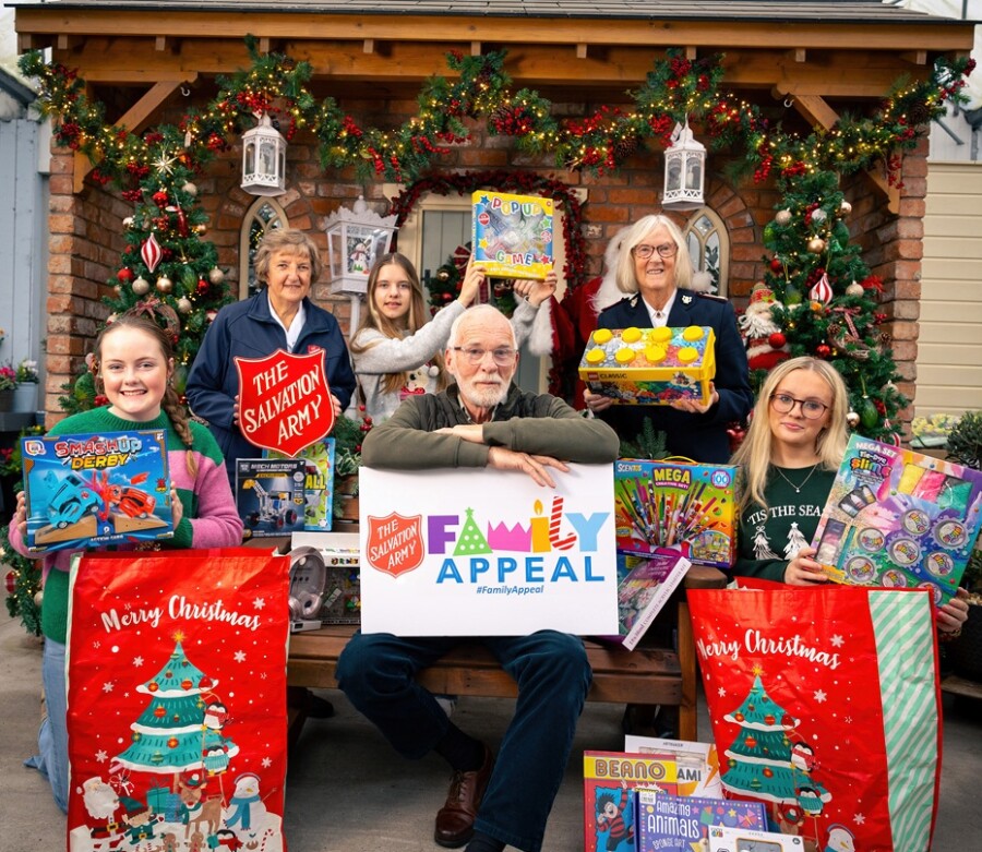 Launching the Salvation Army appeal are front from left: Rebekah Sharpe, Ian McElhinney and Ava Metcalfe. Back:  Major Jacqui Wright, Eilidh Wood and Annie Cook.