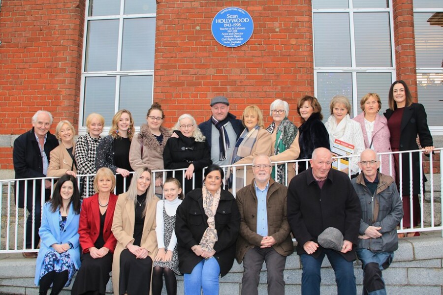 Sisters and members of the Hollywood family at the Unveiling of an Ulster History Circle Blue Plaque to Sean Hollywood on St. Colman's College on Tuesday 12th December 2023. Photograph: Liz Boyle