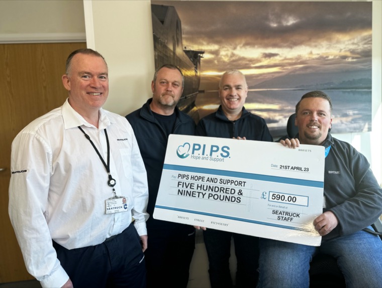 Damian Devlin, Mart Patterson and Seamie Mallon, Seatruck Ferries are pictured presenting the cheque to Padraig Harte, Fundraising, Marketing and Communications manager at PIPS Hope and Support.