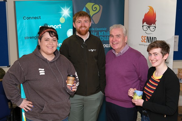 Newry and Mourne Co-Operative and Enterprise Agency presented cheques for £250 to the three remaining finalists in the Social Enterprise NI Dragons Den event. Included from left are: Kadie Hooley, Fringe Coffee Co; Matthew Campbell, The Advantage Foundation; Stephen McClelland, Newry and Mourne Co-Operative and Enterprise Agency and Claire Mooney, Moneydarragh Hub. Photograph: Columba O'Hare/ Newry.ie