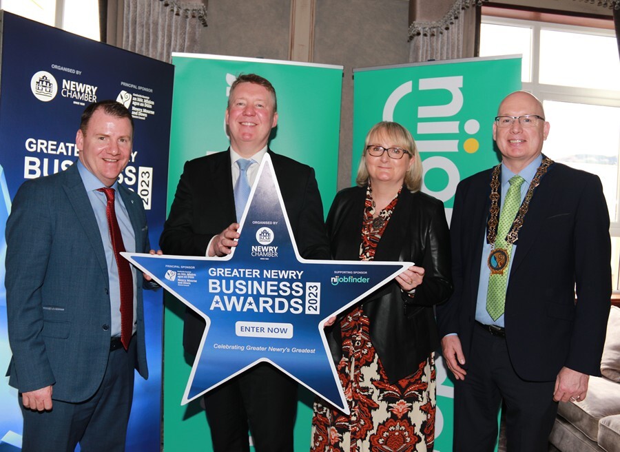 Newry Chamber launches the Greater Newry Business Awards in the Canal Court Hotel & Spa with from left: Tony McKeown, CEO of Awards Organiser, Newry Chamber, Peter McMonagle, Business Manager, Joanne Uprichard, Digital Marketing Manager at Awards Supporting Sponsor, nijobfinder and Cllr. Michael Savage, Chairperson of the Awards Principal Sponsor, Newry, Mourne and Down District Council.