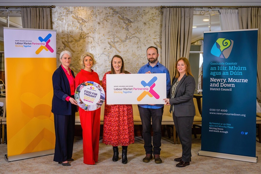 Pictured at NMD- Food for Thought are from left: Patricia McPolin, Newry, Mourne and Down District Council, Bronagh Lennon, Deli Lites Ireland, Morgan Cooke, Finnebrogue Artisan Shane Neary, NearyNógs Stone Ground Chocolate and Carrie Duffy, Newry, Mourne and Down District Council.