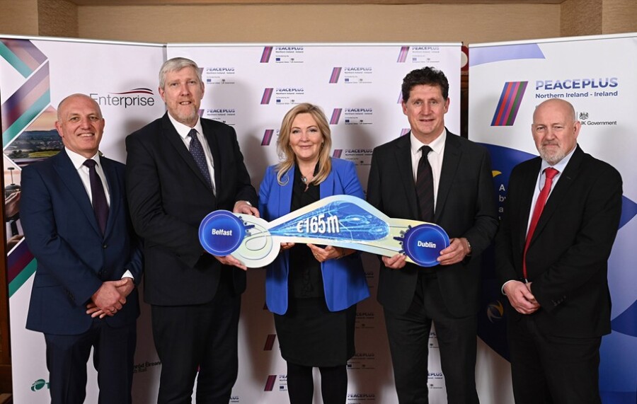 Pictured at the announcement of the new Enterprise fleet are from left: Ian Campbell, Director of Service Operations, Translink, Minister John O’Dowd, Department for Infrastructure, Gina McIntyre, CEO SEUPB, Minister Eamon Ryan TD, Department of Transport and Billy Gilpin, Director Train Operations, Iarnród Éireann. Photograph: Michael Cooper