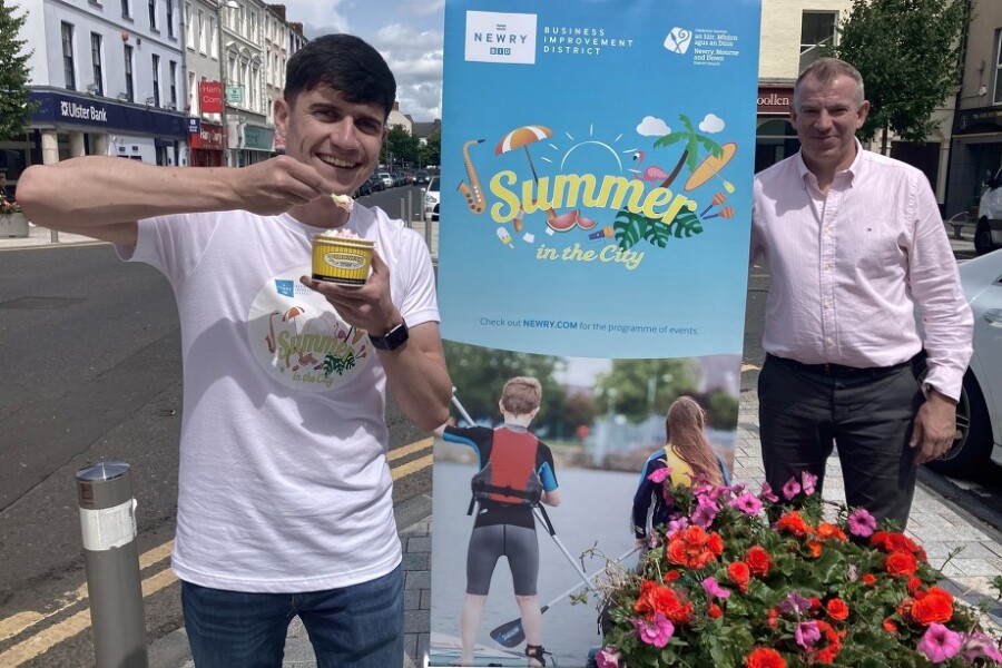 Aaron Bradley and Eamonn Connolly of Newry BID get ready for a summer of events in Newry city centre.