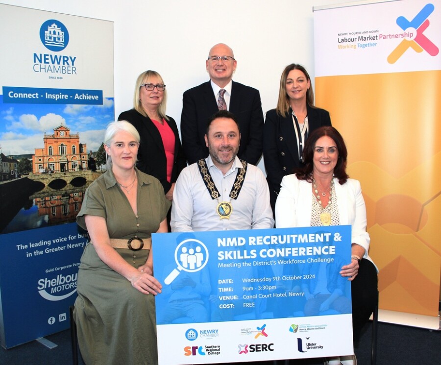 Launching the NMD Recruitment and Skills Conference which will be held on Wednesday 9 October from 9am to 3:30pm in the Canal Court Hotel, Newry. Newry, Mourne and Down District Council Chairperson Cllr Peter Byrne, Chairperson pictured with back from left: Debbie Scott, Flexible Skills Fund Manager, SERC; Michael Savage, CEO, Newry Chamber; Tracy Rice, Head of Business Engagement SRC. Front from left: Patricia McPolin, NMD Labour Market Partnership (LMP) and Edwina Flynn, President, Newry Chamber.