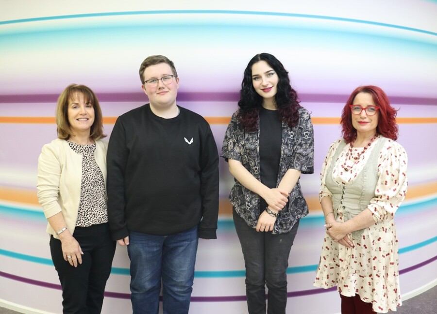 rt & Design Extended Diploma students Tommy Campbell and Alice Totkova pictured alongside SRC staff Fidelma Logan and Tammy Fullerton