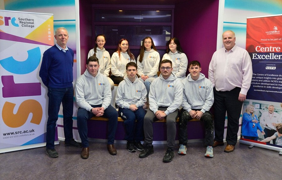 SRC students prior to the WorldSkills UK competition. Included back from left: Jacqui Hawthorne, Mykenzie Cartmill, Annabelle Hughes & Rebecca Liggett. Front row: Patrick Maguire (lecturer), Jason McVerry, Marcus McKay, Ross Graham, John Doherty and Lindsay Bronte (SRC Organisation Manager)