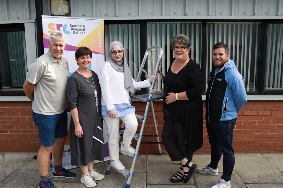  Pictured marking the launch of the STEP Up Programme are from left: Gerard Houlahan, Programme Keyworker; Catriona Regan, Head of External Engagement; Mariam Al Refai, student; Jenni Spice, Programme Keyworker and Joseph McCaffrey, Programme Keyworker.