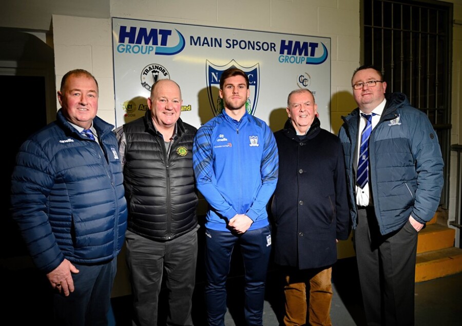 New Signing Steven Ball with Chairman Martin McLoughlin, Vice Chairman Gary Wilson and Club Sponsors Gerard Magee and Gerard Rice. Photograph: Brendan Monaghan Photography