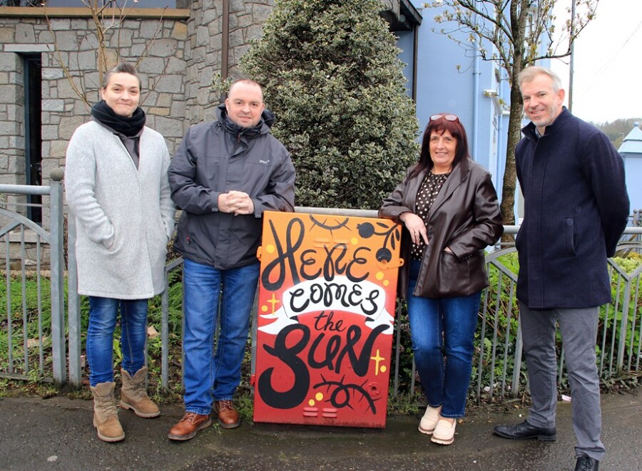 Council Chairperson, Cllr Valerie Harte launches the exciting ‘Sweet Dreams’ urban reimaging project to transform mundane utility boxes scattered throughout Newry City Centre. Also photographed are L-R Nicola McEvoy, Amplified Arts NI; Councillor Aidan Mathers and Eamonn Connolly, Managing Director Newry BID.