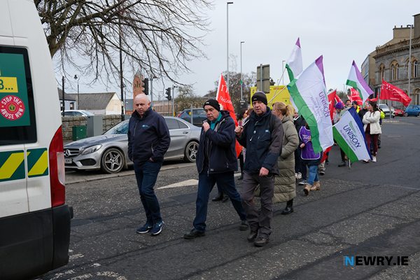 NIPSA, Unite and Unison union members protest in Newry today. Photograph: Columba O'Hare/ Newry.ie