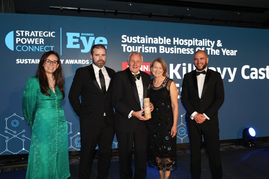 Representatives from Killeavy Castle Estate who attended the Business Eye Sustainability Awards 2024 last week, where Killeavy Castle Estate was named Sustainable Hospitality and Tourism Business of the Year. Included are from left: Darragh Dooley, Executive Head Chef; Mick Boyle and Robin Boyle, owners of Killeavy Castle Estate and Séan Edgell, Head Gardener.