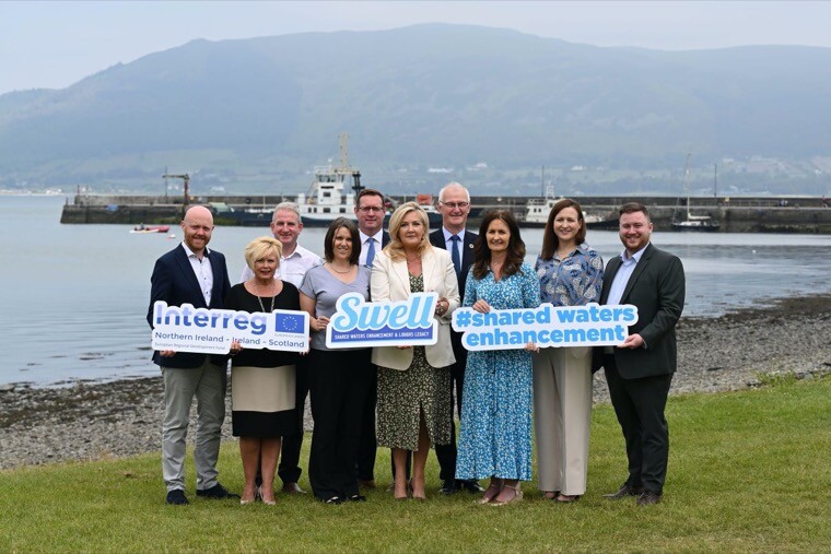 Pictured are from left: Barra Best, BBC NI, Pamela Arthurs, CEO, EBR, Ewan Hunter, Head of Fisheries, AFBI, Averil Gannon, DHLGH, Ciarán McGonigle, Director, Aquaculture & Shellfisheries, Loughs Agency, Gina McIntyre, CEO, SEUPB, Paul Harper, Director, Asset Delivery, NI Water, Tracey Teague, Deputy Secretary, Environment, Marine & Fisheries, DAERA, Eleanor Roche, Head of Environmental Regulation & Compliance, Uisce Éireann and Kevin Stewart, DHLGH.