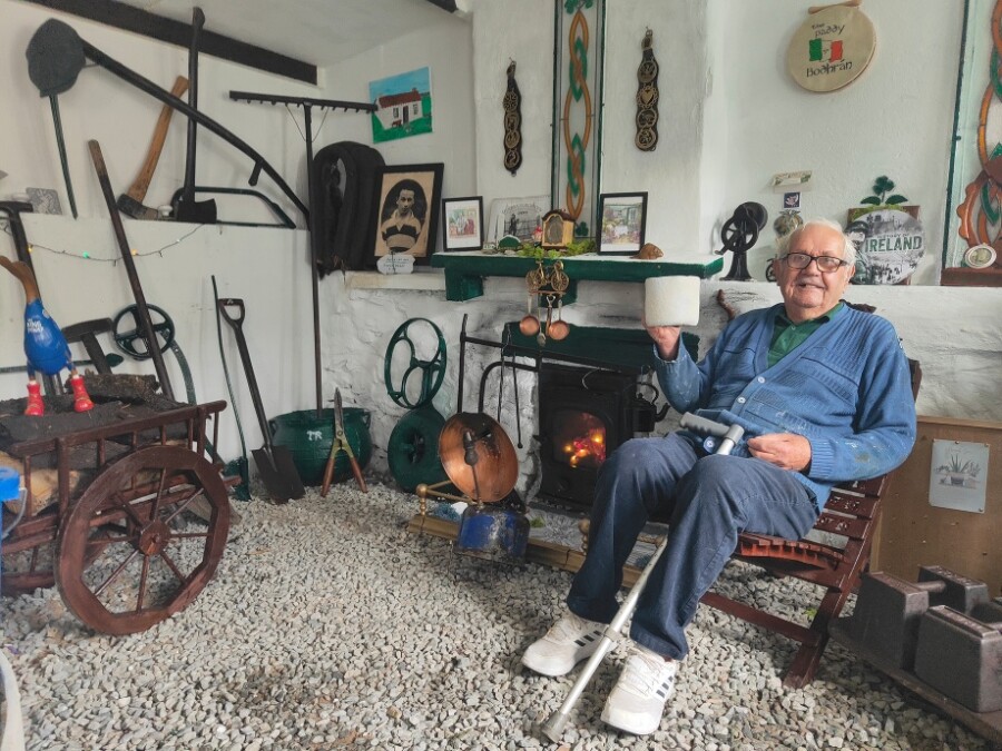 Terry with some of the intriguing collection of artefacts in his self-made ‘scotch’ at his home in Kilbroney Valley.