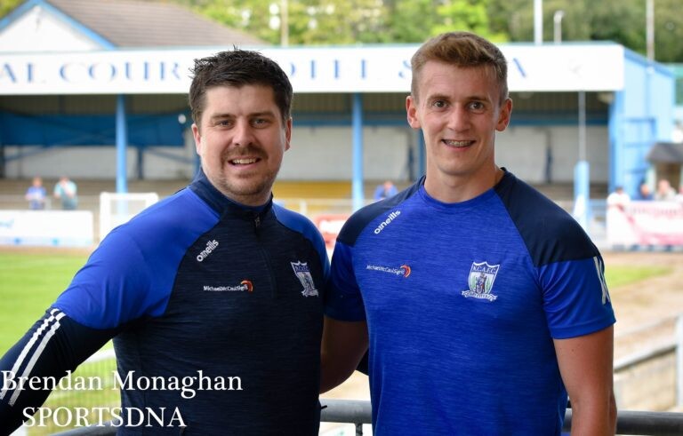Newry Manager Gary Boyle with new signing Tom Murphy. Photograph: Brendan Monaghan/ SPORTSDNA