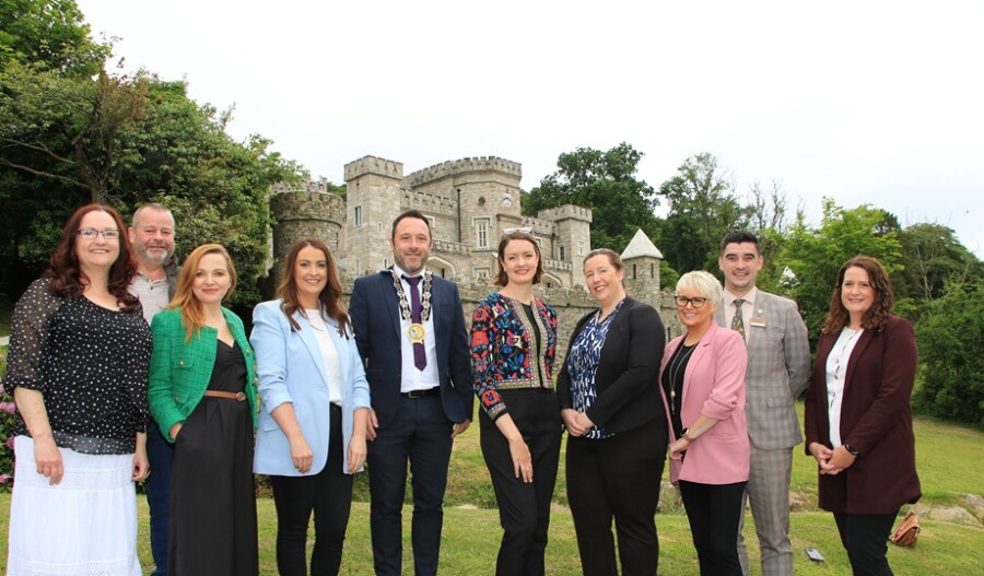 Newry, Mourne and Down District Council Chairperson, Councillor Pete Byrne with Alice Mansergh CEO Tourism Ireland on a visit to Killeavy Castle with representatives from Mourne Gullion Strangford Geo Park:  (L-R): Ann Ward Xhale; Brian Hoey Mountain Ways Ireland; Annie David Two Stacks Whiskey; Sheryl Murphy Director Sales and Marketing Killeavy Castle; Orla Hayes Canal Court Hotel and Spa; Tracey Mooney Product Development and Trade Engagement Officer Newry, Mourne and Down District Council; Matthews Hynds General Manager Killeavy Castle and Helen McGorman Head of Stakeholder Engagement NI.