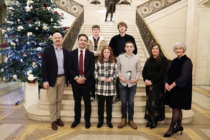 Pictured at the NI Traineeship ceremony is SRC students together with DfE and SRC officials. Included are back from left: Jay Dunn and Otas Vysniauskas. Front: Raymond Sloan, Principal & CEO of SRC; Clement Athanasiou, Head of Apprenticeships, Careers and Vocations Education at the DfE; Cara Coleman, SRC student; Miceal Ferris, SRC student; Louise Watson, Director of Further Education, DfE; Libby Shackels, Director of Curriculum at SRC.