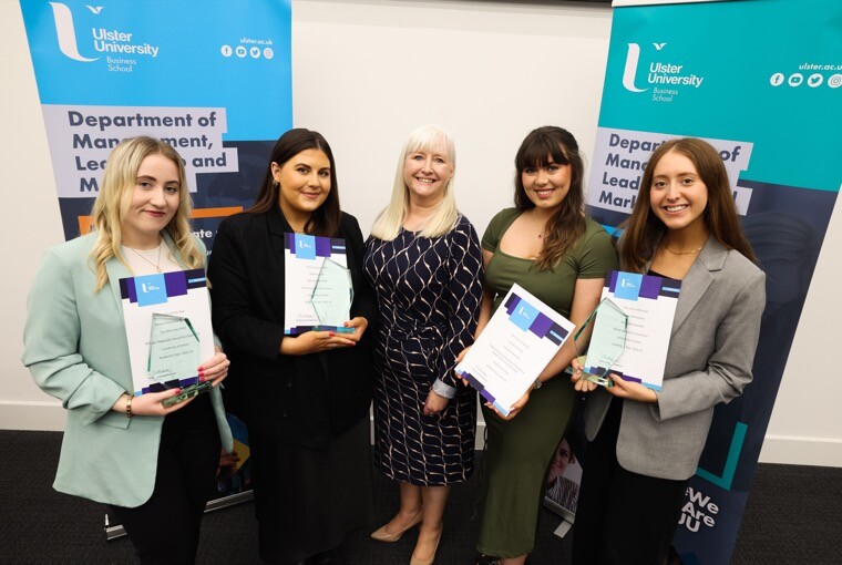  Newry locals and prize winners at the awards. From left: Sinead Bullers, Danielle Logie, Head of Department at the University of Ulster, Dr Mary Boyd, Lauren Donnelly and Katie McCormick