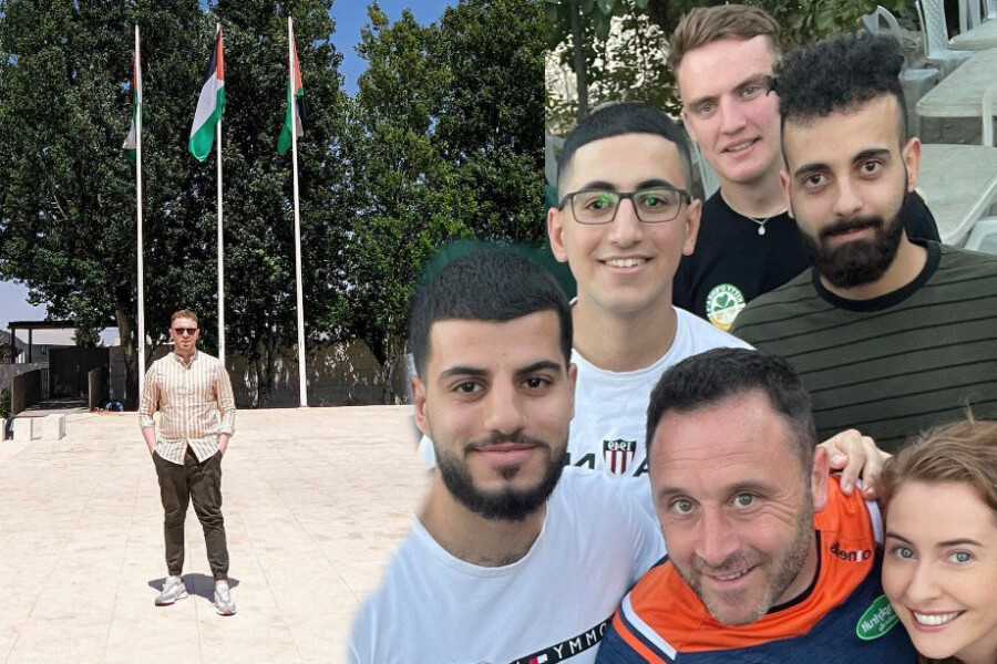 Cllr Cathal King, left and Cllr Pete Byrne, front right pictured on their trips to the West Bank.