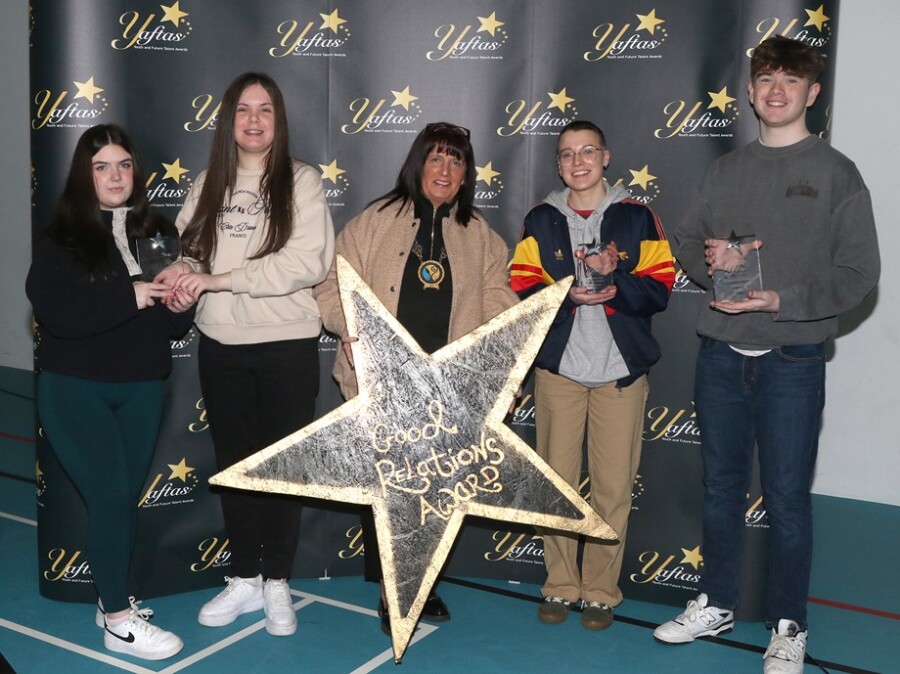The Chairperson of Newry, Mourne and Down District Council, Cllr Valerie Harte pictured with NM&DYC Youth Councillor, Cara Gilchrist; Youth Councillor, Laura Murray; Chairperson Sophie Keane and Vice Chairperson Michael Comer
