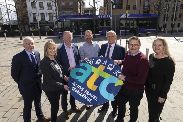 Pictured at the launch of this year's Active Travel Challenge are Aidan Dawson, Chief Executive of the Public Health Agency; Claire Pollock, Head of Sustrans Northern Ireland, Colin Hutchinson, Director at Department for Infrastructure responsible for active travel; Aidan McCrory Logistics Senior Manager PCSS; Ian Campbell, Director of Service Operations at Translink;  Damien Martin, Strategic Director of Place and Economy at Belfast City Council; and BHSCT Clare McMahon, Co-Director PCSS. 