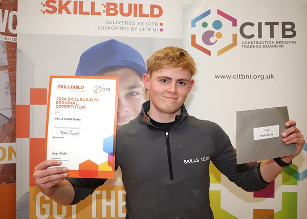 Pictured at the CITB NI SkillBuild NI Finals 2024 was Dean Frazer who achieved second place in wall & floor tiling.