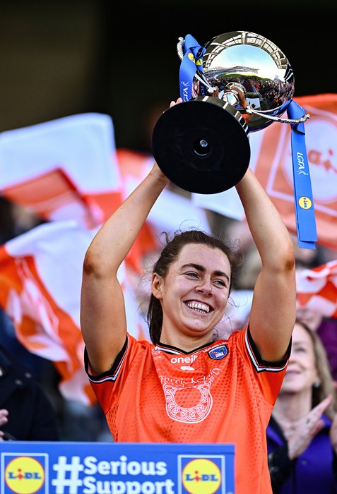 Armagh captain Clodagh McCambridge lifts the cup after her side's victory in the Lidl LGFA National League Division 1 final match between Armagh and Kerry at Croke Park in Dublin. Photo by Piaras Ó Mídheach/Sportsfile