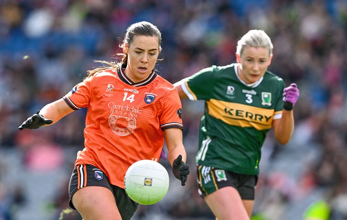 Niamh Henderson of Armagh in action against Deirdre Kearney of Kerry during the Lidl LGFA National League Division 1 final match between Armagh and Kerry at Croke Park in Dublin. Photo by Piaras Ó Mídheach/Sportsfile