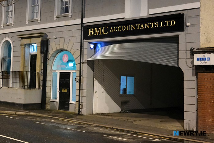 A damaged shutter on Merchants Quay. Photograph: Columba O'Hare/ Newry.ie