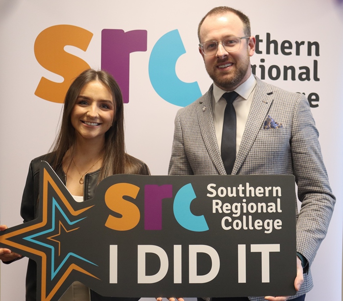 Claire Ward, past student & award winner of the Student Management Potential Award pictured with Aaron Logan, Northern Ireland Regional Chair of the Institute of Hospitality