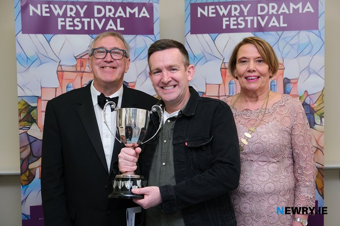 Mickey Brannigan was the Best Actor at the 2024 Newry Drama Festival and he is pictured with Gerry Stembridge, Adjudicator and Kate Carragher, Chairperson, Newry Drama Festival. 