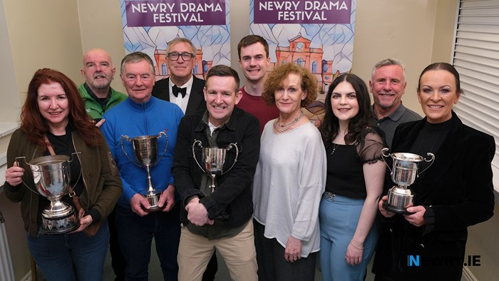 Newpoint Players cast and crew pictured with the awards they won at Newry Drama Festival for their play In the Shadow of the Glen, reimagined. Pictured from left: Pauline Lynch, Tom Carvill, Seán Treanor, Gerry Stembridge, Adjudicator; Mickey Brannigan, Cormac Begley, Leo Reynolds, Frances Morgan, Declan McConaghy and Siobhan Carragher. 