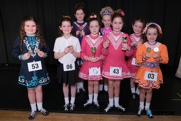 Winners in the Under 9a Reels and Jigs section of Newry Musical Feis were from left: Lily O'Hare, Kate Brennan, Niamh McKevitt, Laia Corrigan, 1st, Emer McVeigh, Olivia McCarthy, 1st, Sophie Morgan and Orla Canavan. Photograph: Columba O'Hare/ Newry.ie