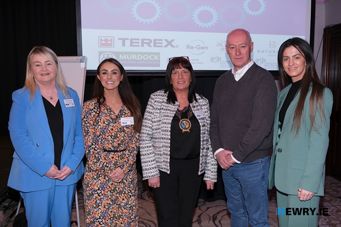 Cllr Kate Murphy, Cllr Sarah Duffy, Cllr Valerie Harte, Chairperson, Newry, Mourne and Down District Council; Cllr Declan Murphy and Cllr Aoife Finnegan pictured at the Women's Aid Armagh Down 40th Anniversary conference. Photograph: Columba O'Hare/ Newry.ie 