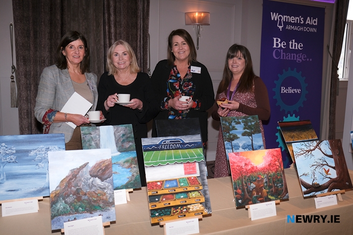 Noelle Burns, Patricia Larkin and Martina McAloon, Southern Trust and Rebecca Nelson, Women's Aid Armagh Down, the artist behind the 16 Days of Action art on display at the Women's Aid Conference. Photograph: Columba O'Hare/ Newry.ie 