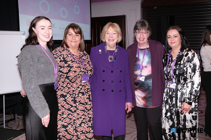 Aoife Anderson, Louise Hurst, Ireland's First Lady Sabina Higgins, Donna O'Neill and Mairead Hearty pictured at the Women's Aid Armagh Down Conference. Photograph: Columba O'Hare/ Newry.ie 
