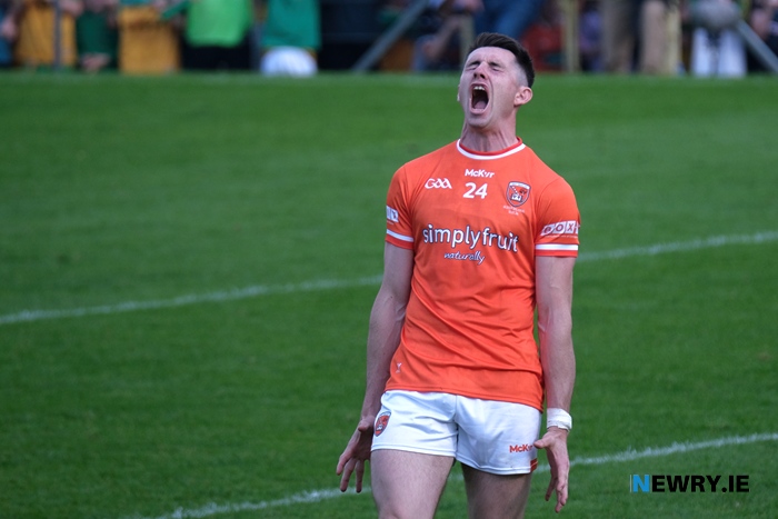 Armagh's Shane McPartlan after his penalty was saved by Donegal goalkeeper Shaun Patton. Photograph: Columba O'Hare/ Newry.ie 