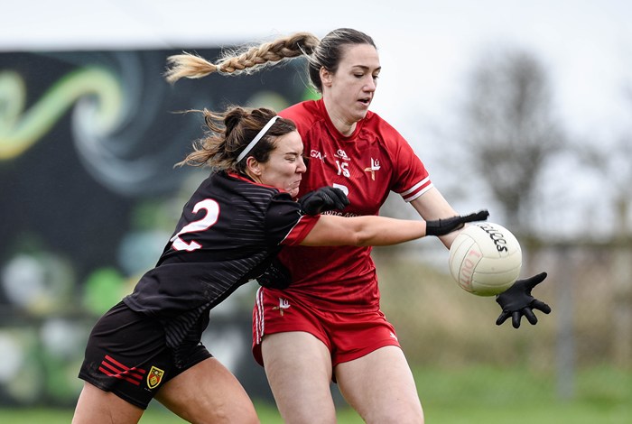 Down corner back Aimee Greene robs Louth's Kate Flood at Ardglass on Sunday Picture: Brendan Monaghan
