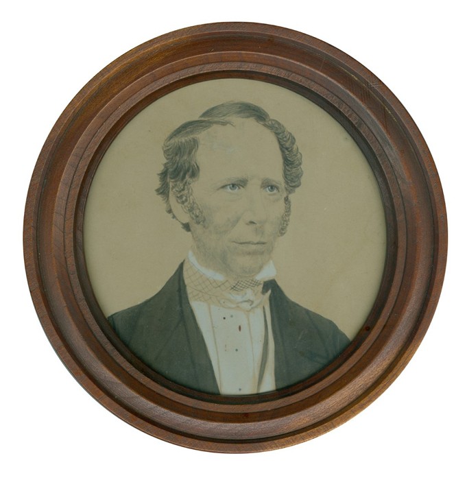 Mid-19th century portrait of James Harshaw in watercolour, pencil and gouache.  Newry and Mourne Museum Collection