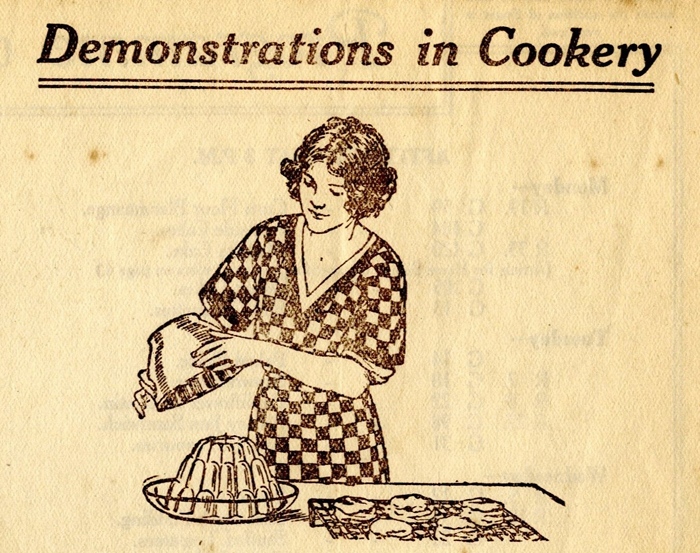 Five days of cookery demonstrations were held in the YMCA Hall in Newry in 1924. Organised by Brown & Polson, the recipes, such as feather cake, dough nut rings and sultana pudding, made use of their products. Newry & Mourne Museum Collection