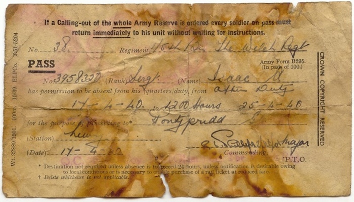 Image 1 Leave pass for Sergeant Isaac of the Welch Regiment, who was spending his leave in Pontypridd, Wales, in April 1940. Newry & Mourne Museum Collection